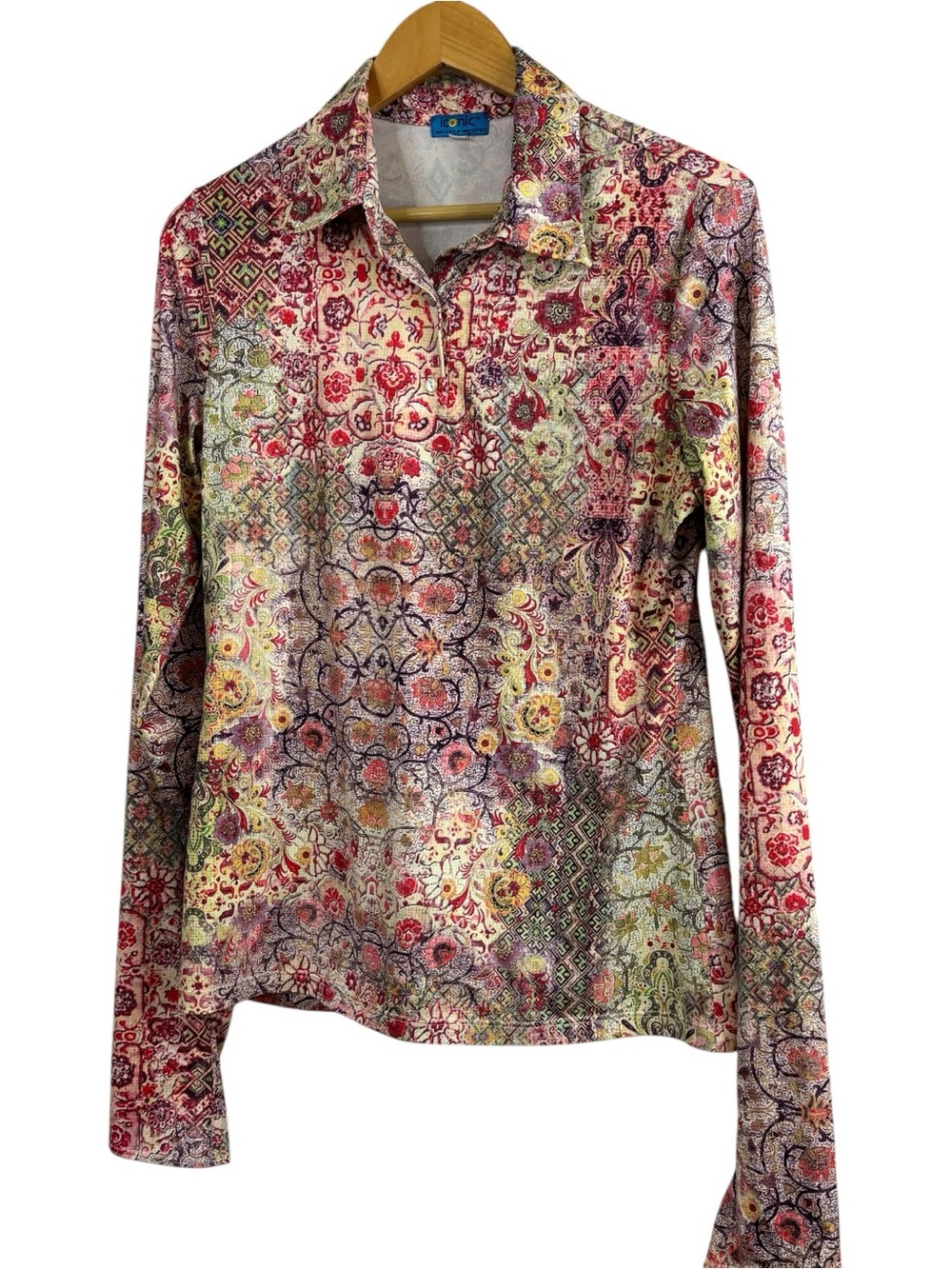 Iconic Sport made USA blouse top long sleeve collared button floral women’s M
